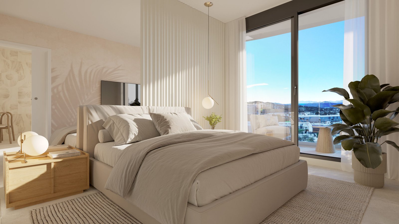 Bedroom render in a one-bedroom apartment at Laguna One Mijas