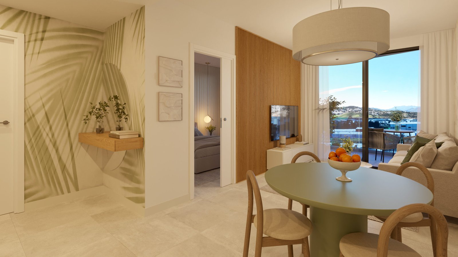 Dining and living area render at Laguna One Mijas apartment