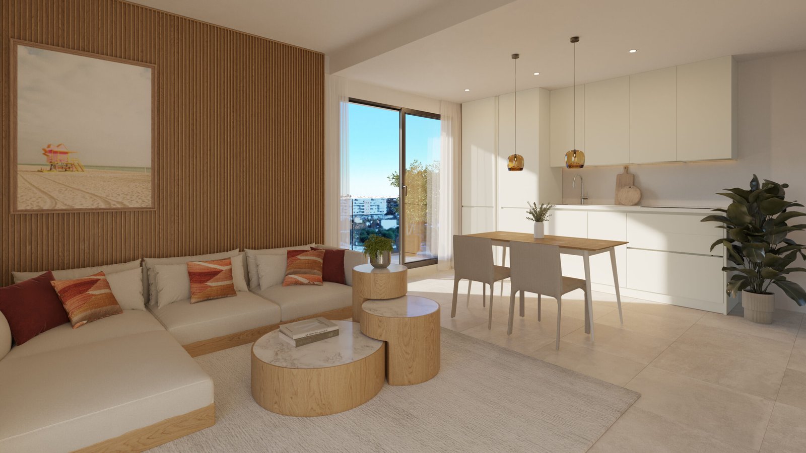 Open-plan living room and kitchen at Laguna One Mijas apartment