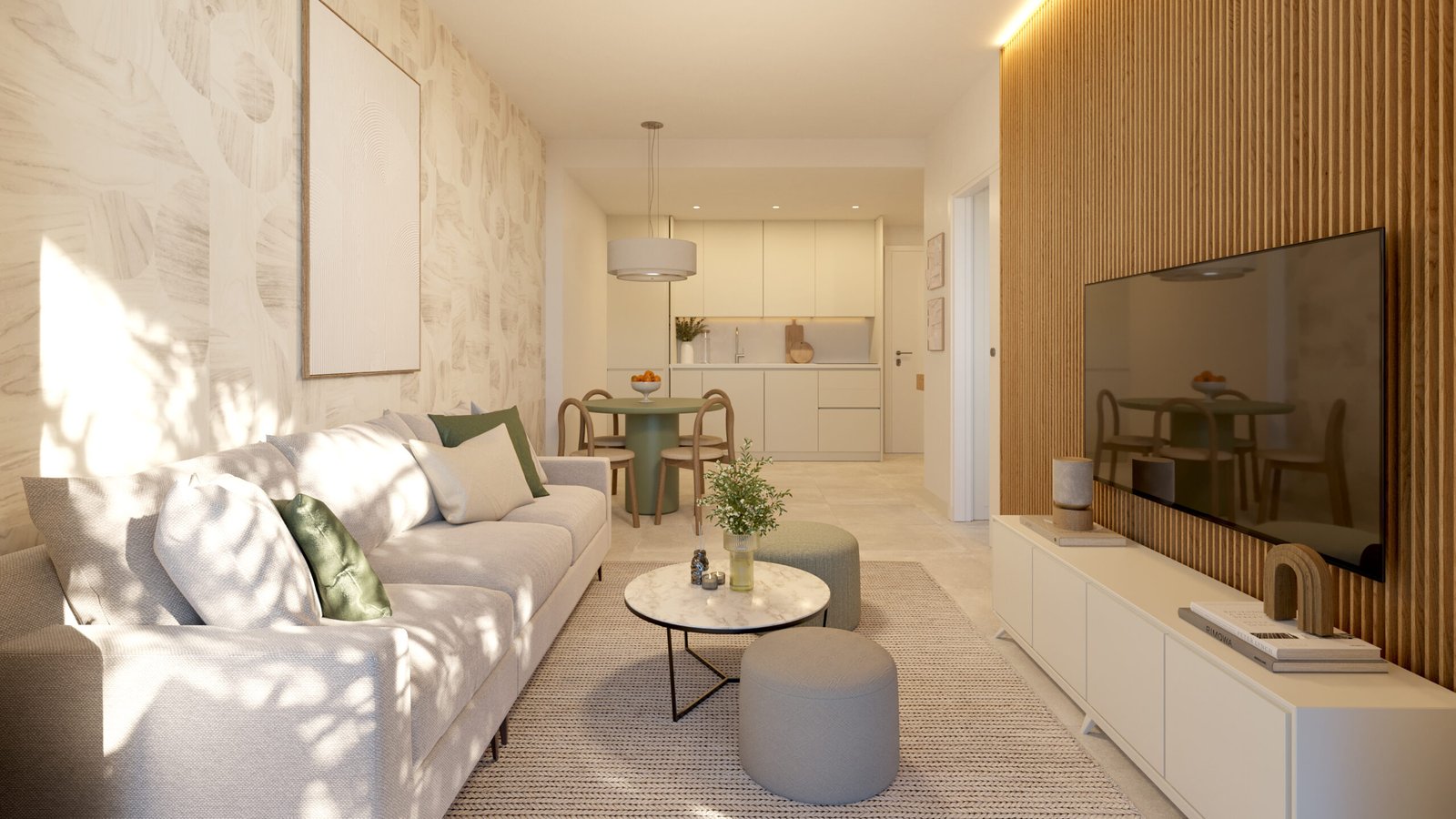 Modern open-plan living room at Laguna One Mijas
