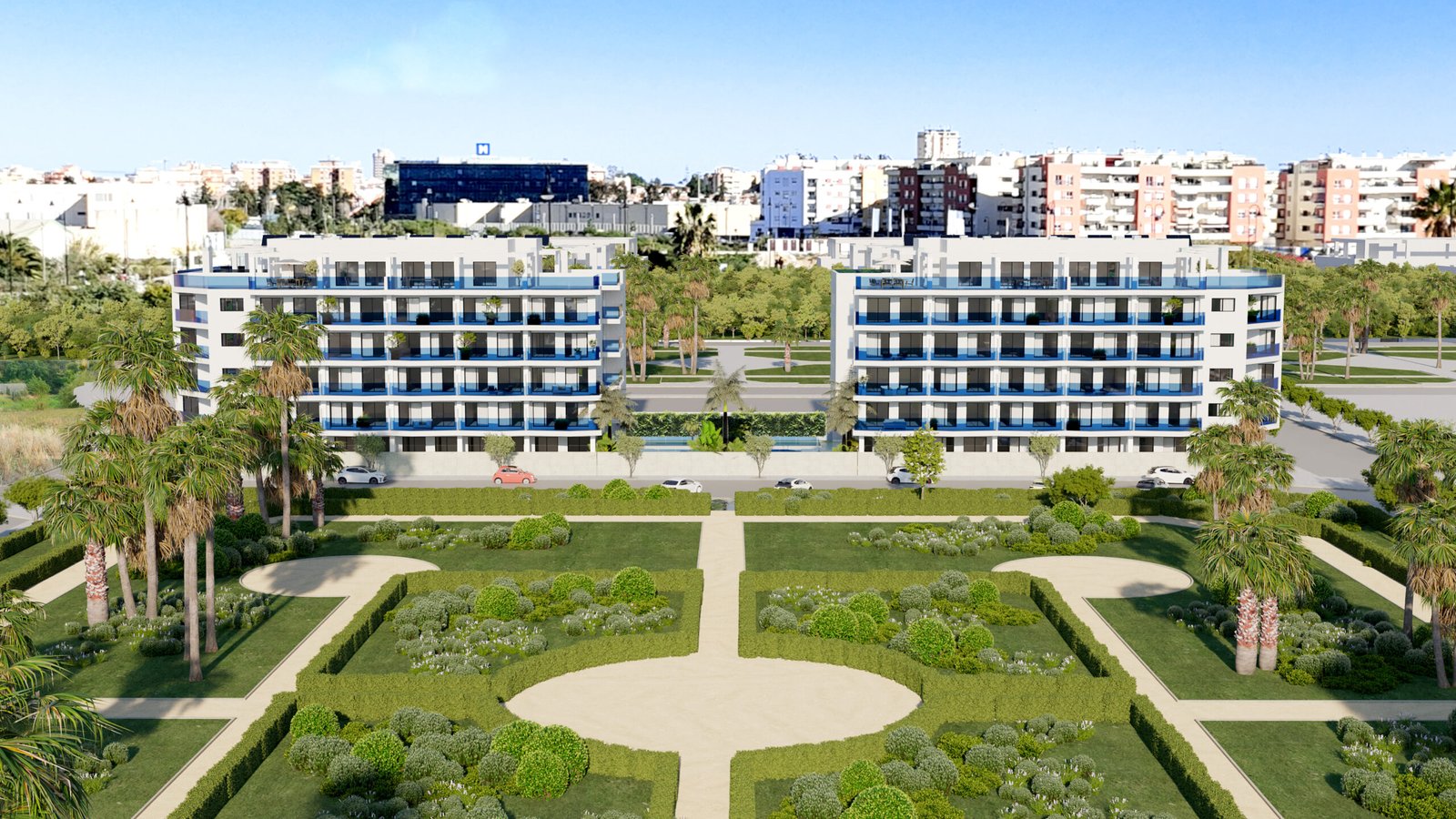 Laguna One apartment development beside landscaped green areas in Las Lagunas de Mijas
