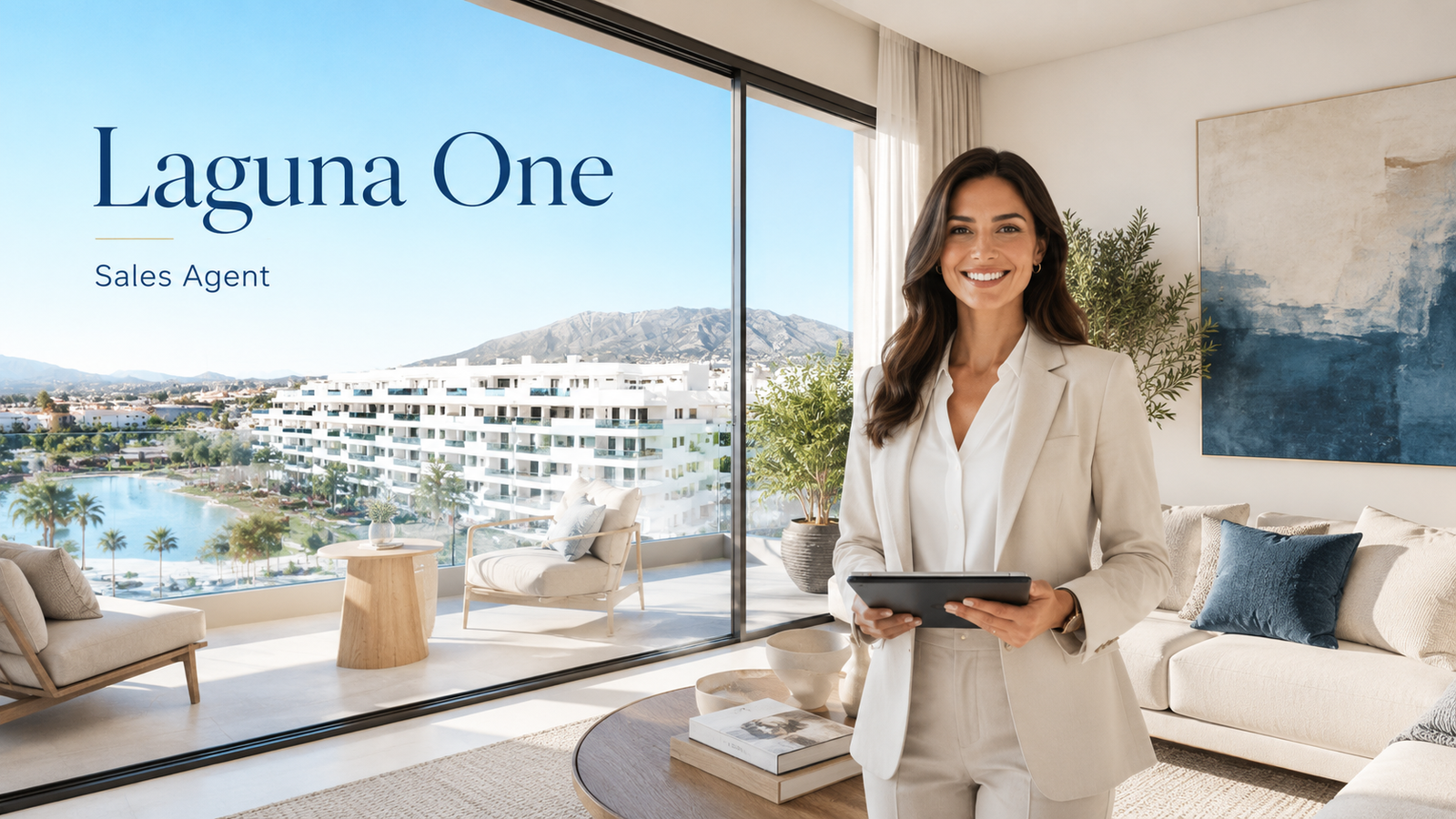 Sales agent presenting Laguna One apartments in Mijas Costa