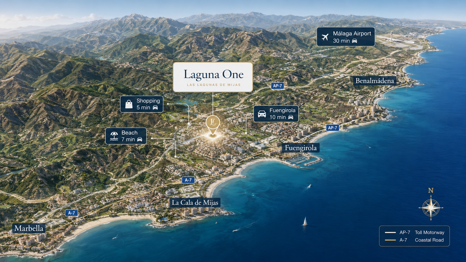 3D location map of Laguna One in Las Lagunas de Mijas near Fuengirola, Marbella, Benalmadena and Malaga Airport